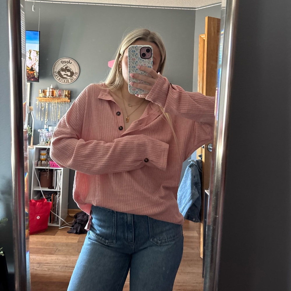 Pink Button Down Ribbed Sweater Top